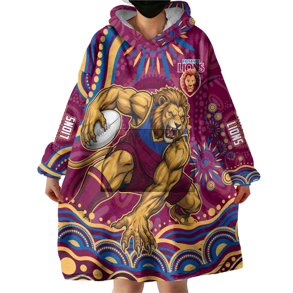 Personalized Brisbane Lions AFL Mascot Wearable Blanket Hoodie Aboriginal Dot Art - Dreamtime Football Mascot