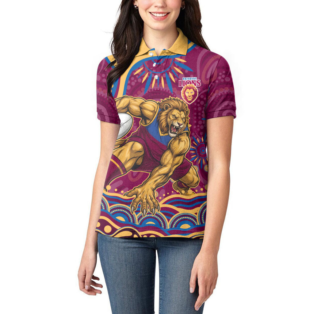 Personalized Brisbane Lions AFL Mascot Women Polo Shirt Aboriginal Dot Art - Dreamtime Football Mascot