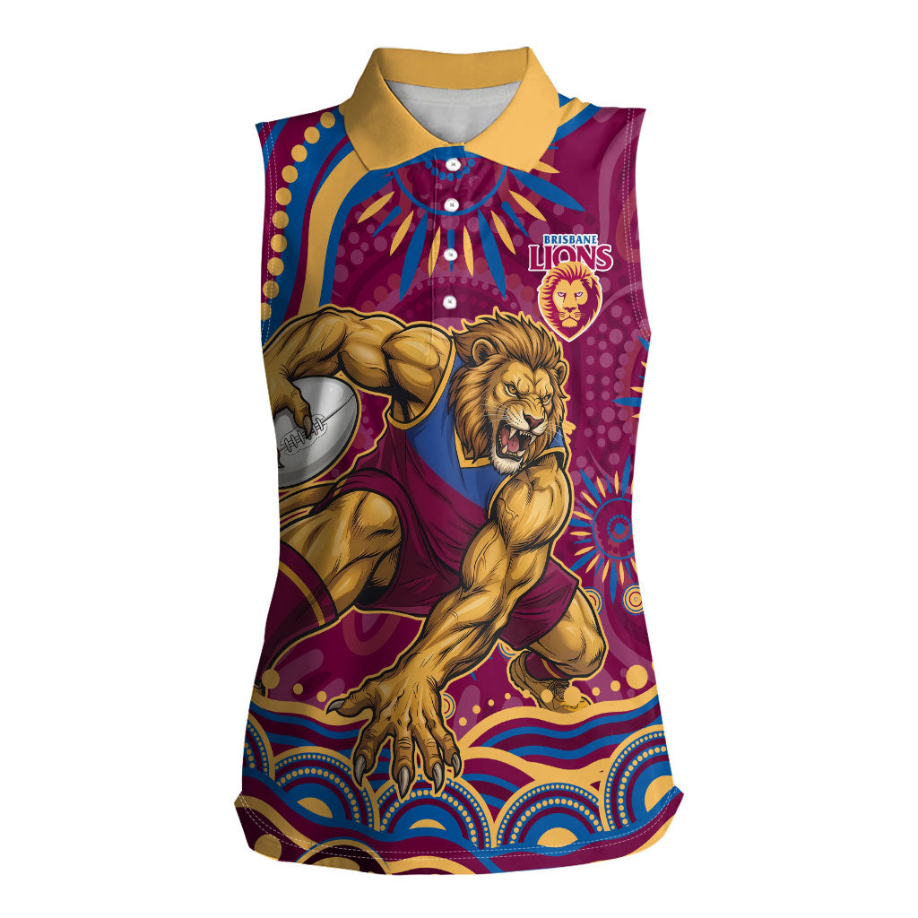 Personalized Brisbane Lions AFL Mascot Women Sleeveless Polo Shirt Aboriginal Dot Art - Dreamtime Football Mascot