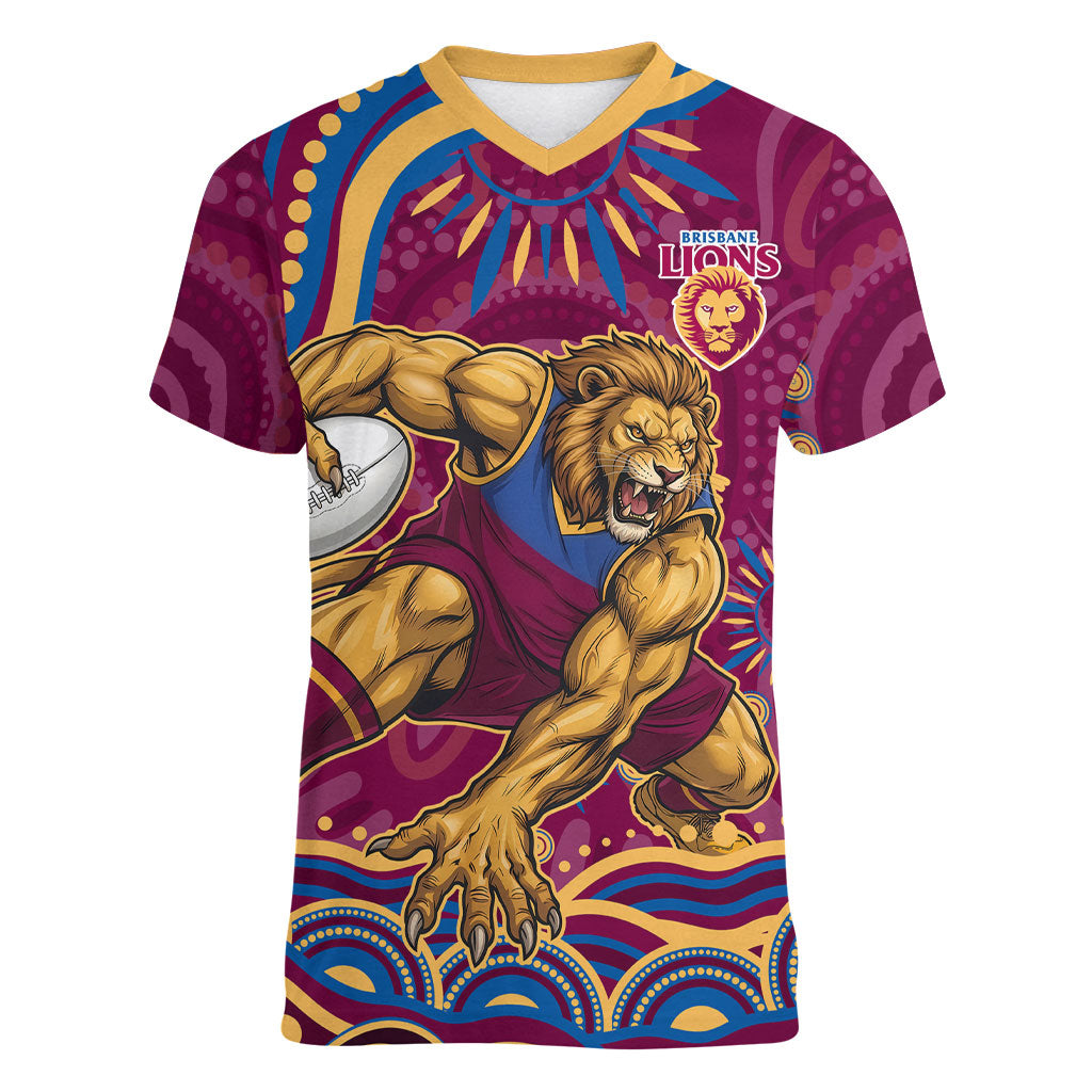 Personalized Brisbane Lions AFL Mascot Women V-Neck T-Shirt Aboriginal Dot Art - Dreamtime Football Mascot