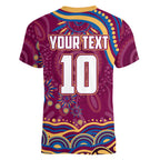 Personalized Brisbane Lions AFL Mascot Women V-Neck T-Shirt Aboriginal Dot Art - Dreamtime Football Mascot