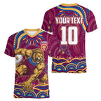 Personalized Brisbane Lions AFL Mascot Women V-Neck T-Shirt Aboriginal Dot Art - Dreamtime Football Mascot