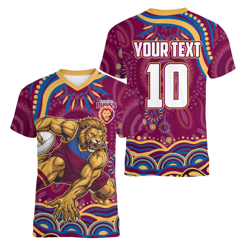 Personalized Brisbane Lions AFL Mascot Women V-Neck T-Shirt Aboriginal Dot Art - Dreamtime Football Mascot