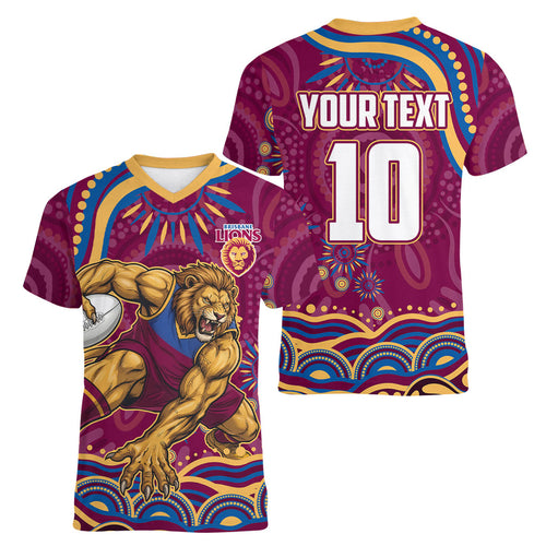 Personalized Brisbane Lions AFL Mascot Women V-Neck T-Shirt Aboriginal Dot Art - Dreamtime Football Mascot
