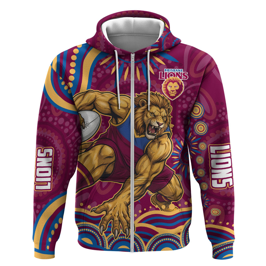 Personalized Brisbane Lions AFL Mascot Zip Hoodie Aboriginal Dot Art - Dreamtime Football Mascot