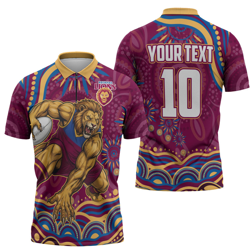 Personalized Brisbane Lions AFL Mascot Zipper Polo Shirt Aboriginal Dot Art - Dreamtime Football Mascot