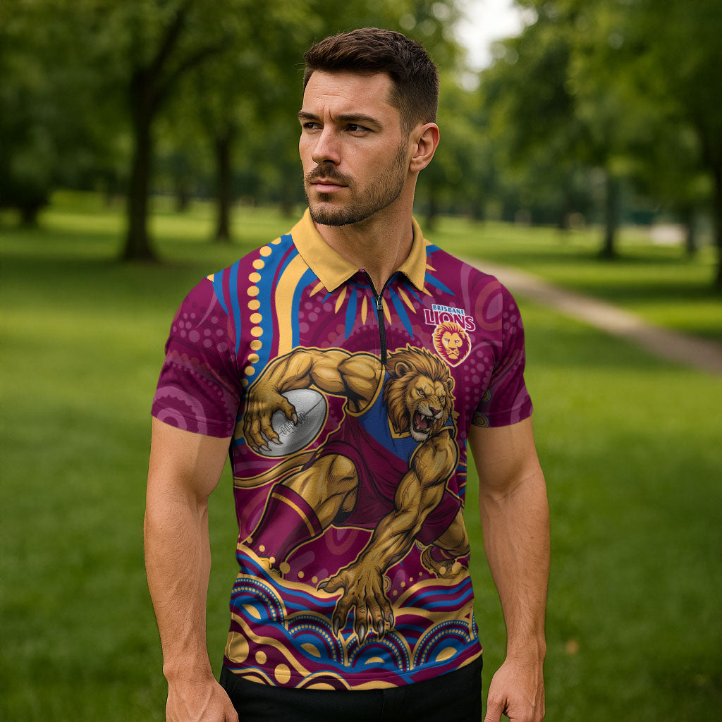 Personalized Brisbane Lions AFL Mascot Zipper Polo Shirt Aboriginal Dot Art - Dreamtime Football Mascot