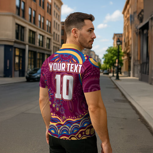 Personalized Brisbane Lions AFL Mascot Zipper Polo Shirt Aboriginal Dot Art - Dreamtime Football Mascot