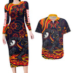 Personalized Adelaide Crows AFL Mascot Couples Matching Long Sleeve Bodycon Dress and Hawaiian Shirt Aboriginal Dot Art - Dreamtime Football Mascot