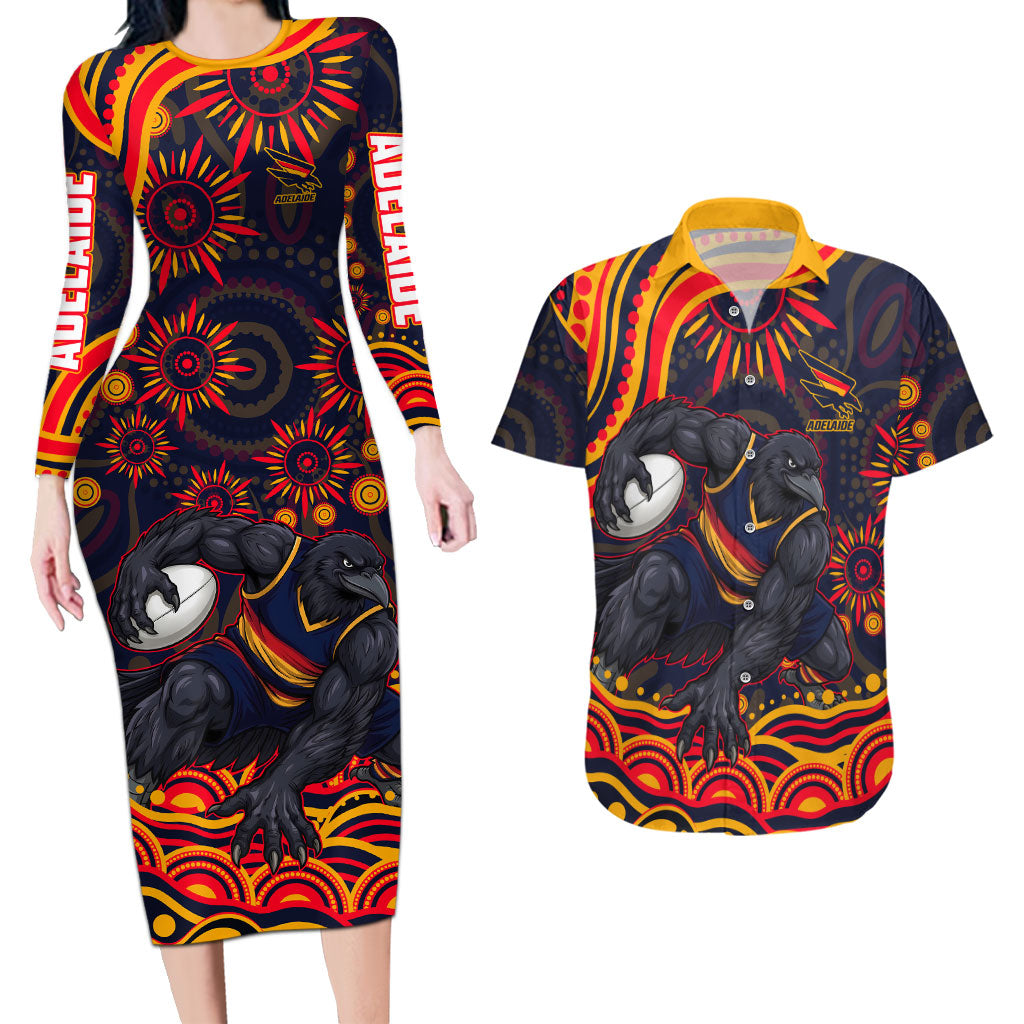 Personalized Adelaide Crows AFL Mascot Couples Matching Long Sleeve Bodycon Dress and Hawaiian Shirt Aboriginal Dot Art - Dreamtime Football Mascot
