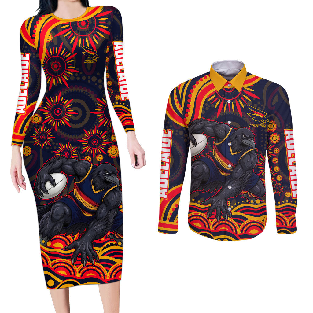 Personalized Adelaide Crows AFL Mascot Couples Matching Long Sleeve Bodycon Dress and Long Sleeve Button Shirt Aboriginal Dot Art - Dreamtime Football Mascot