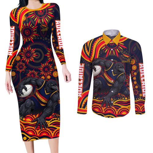 Personalized Adelaide Crows AFL Mascot Couples Matching Long Sleeve Bodycon Dress and Long Sleeve Button Shirt Aboriginal Dot Art - Dreamtime Football Mascot