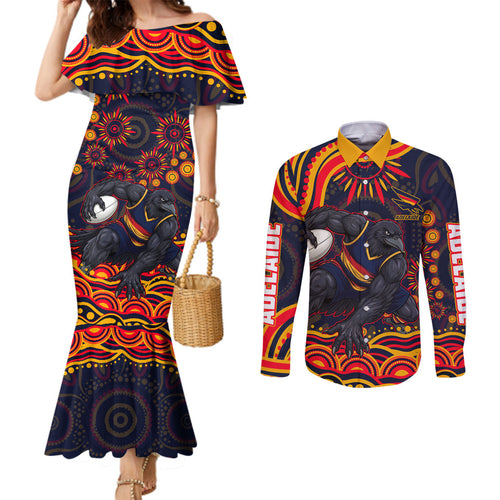 Personalized Adelaide Crows AFL Mascot Couples Matching Mermaid Dress and Long Sleeve Button Shirt Aboriginal Dot Art - Dreamtime Football Mascot