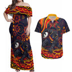 Personalized Adelaide Crows AFL Mascot Couples Matching Off Shoulder Maxi Dress and Hawaiian Shirt Aboriginal Dot Art - Dreamtime Football Mascot