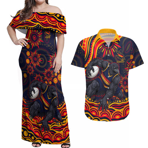 Personalized Adelaide Crows AFL Mascot Couples Matching Off Shoulder Maxi Dress and Hawaiian Shirt Aboriginal Dot Art - Dreamtime Football Mascot