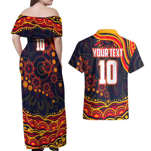 Personalized Adelaide Crows AFL Mascot Couples Matching Off Shoulder Maxi Dress and Hawaiian Shirt Aboriginal Dot Art - Dreamtime Football Mascot