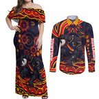 Personalized Adelaide Crows AFL Mascot Couples Matching Off Shoulder Maxi Dress and Long Sleeve Button Shirt Aboriginal Dot Art - Dreamtime Football Mascot
