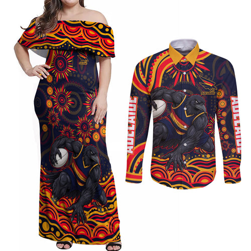 Personalized Adelaide Crows AFL Mascot Couples Matching Off Shoulder Maxi Dress and Long Sleeve Button Shirt Aboriginal Dot Art - Dreamtime Football Mascot