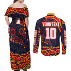 Personalized Adelaide Crows AFL Mascot Couples Matching Off Shoulder Maxi Dress and Long Sleeve Button Shirt Aboriginal Dot Art - Dreamtime Football Mascot