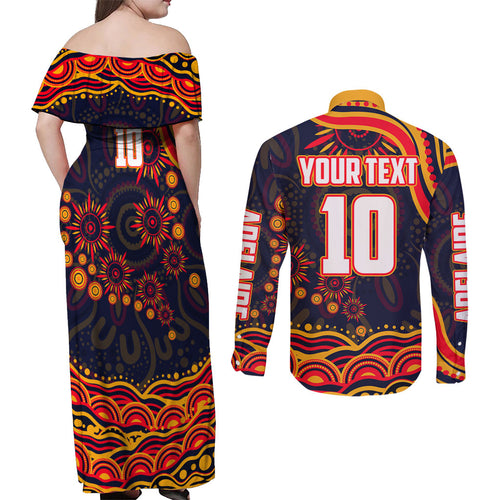 Personalized Adelaide Crows AFL Mascot Couples Matching Off Shoulder Maxi Dress and Long Sleeve Button Shirt Aboriginal Dot Art - Dreamtime Football Mascot