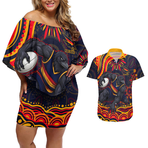 Personalized Adelaide Crows AFL Mascot Couples Matching Off Shoulder Short Dress and Hawaiian Shirt Aboriginal Dot Art - Dreamtime Football Mascot