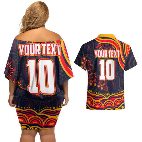 Personalized Adelaide Crows AFL Mascot Couples Matching Off Shoulder Short Dress and Hawaiian Shirt Aboriginal Dot Art - Dreamtime Football Mascot