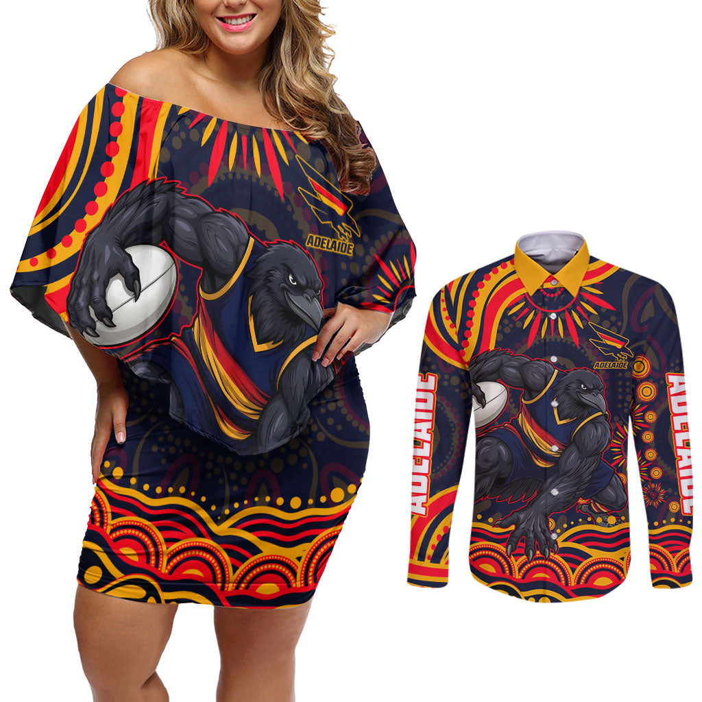 Personalized Adelaide Crows AFL Mascot Couples Matching Off Shoulder Short Dress and Long Sleeve Button Shirt Aboriginal Dot Art - Dreamtime Football Mascot