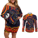Personalized Adelaide Crows AFL Mascot Couples Matching Off Shoulder Short Dress and Long Sleeve Button Shirt Aboriginal Dot Art - Dreamtime Football Mascot