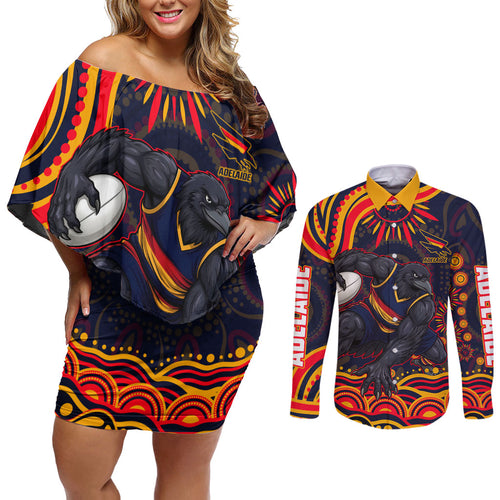 Personalized Adelaide Crows AFL Mascot Couples Matching Off Shoulder Short Dress and Long Sleeve Button Shirt Aboriginal Dot Art - Dreamtime Football Mascot