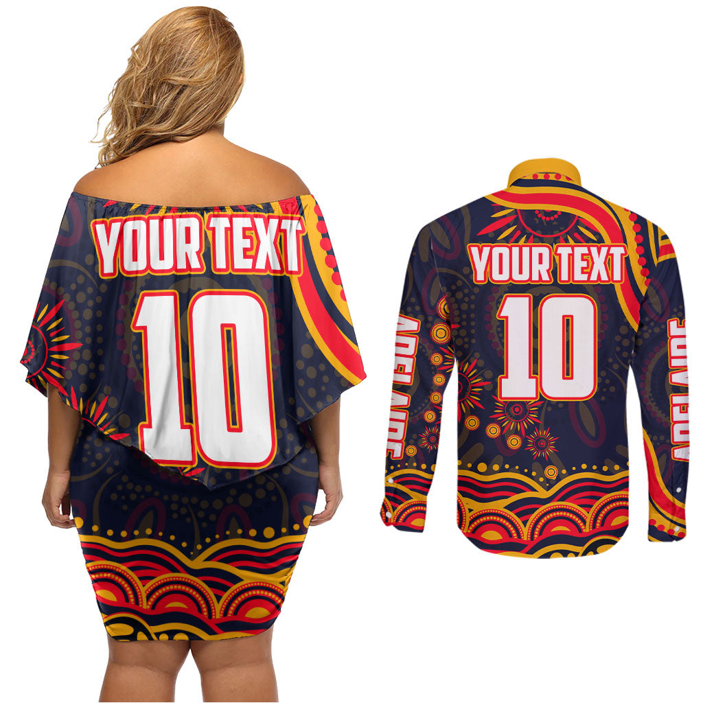 Personalized Adelaide Crows AFL Mascot Couples Matching Off Shoulder Short Dress and Long Sleeve Button Shirt Aboriginal Dot Art - Dreamtime Football Mascot