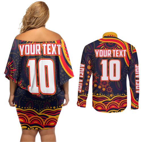 Personalized Adelaide Crows AFL Mascot Couples Matching Off Shoulder Short Dress and Long Sleeve Button Shirt Aboriginal Dot Art - Dreamtime Football Mascot