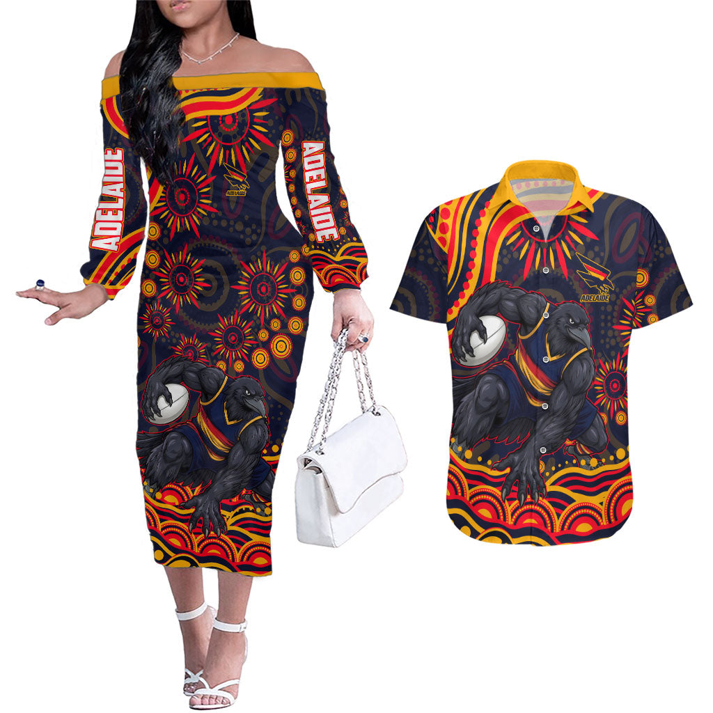 Personalized Adelaide Crows AFL Mascot Couples Matching Off The Shoulder Long Sleeve Dress and Hawaiian Shirt Aboriginal Dot Art - Dreamtime Football Mascot