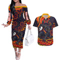 Personalized Adelaide Crows AFL Mascot Couples Matching Off The Shoulder Long Sleeve Dress and Hawaiian Shirt Aboriginal Dot Art - Dreamtime Football Mascot