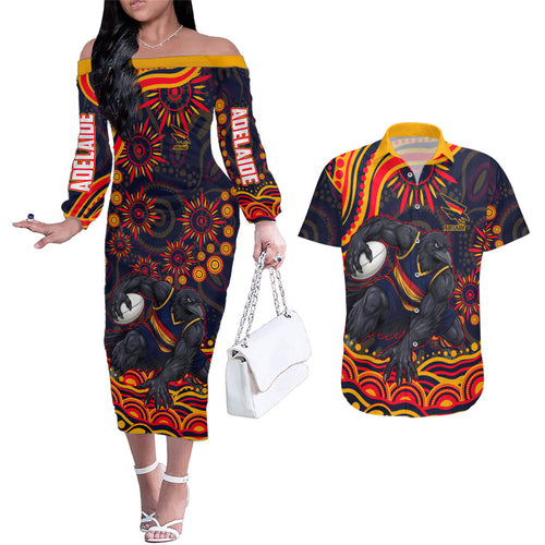 Personalized Adelaide Crows AFL Mascot Couples Matching Off The Shoulder Long Sleeve Dress and Hawaiian Shirt Aboriginal Dot Art - Dreamtime Football Mascot