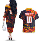 Personalized Adelaide Crows AFL Mascot Couples Matching Off The Shoulder Long Sleeve Dress and Hawaiian Shirt Aboriginal Dot Art - Dreamtime Football Mascot