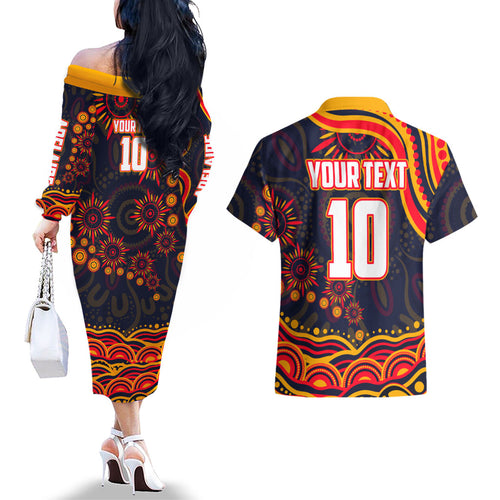 Personalized Adelaide Crows AFL Mascot Couples Matching Off The Shoulder Long Sleeve Dress and Hawaiian Shirt Aboriginal Dot Art - Dreamtime Football Mascot
