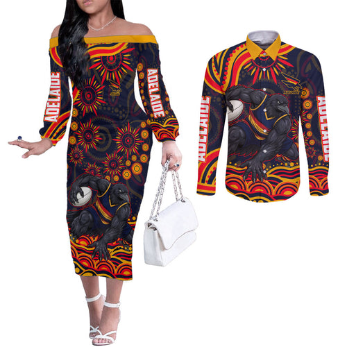 Personalized Adelaide Crows AFL Mascot Couples Matching Off The Shoulder Long Sleeve Dress and Long Sleeve Button Shirt Aboriginal Dot Art - Dreamtime Football Mascot