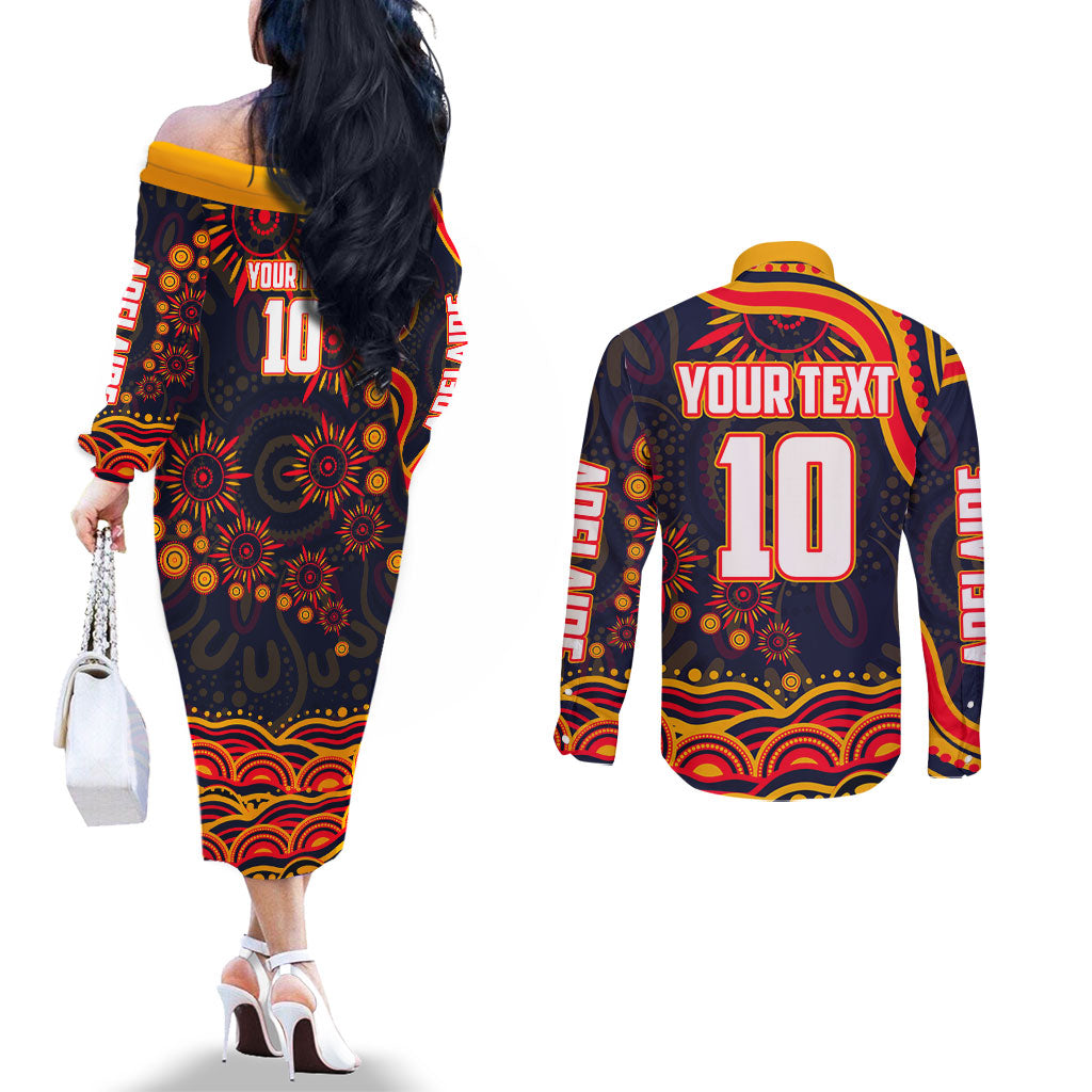 Personalized Adelaide Crows AFL Mascot Couples Matching Off The Shoulder Long Sleeve Dress and Long Sleeve Button Shirt Aboriginal Dot Art - Dreamtime Football Mascot