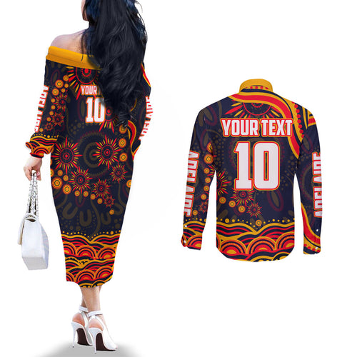 Personalized Adelaide Crows AFL Mascot Couples Matching Off The Shoulder Long Sleeve Dress and Long Sleeve Button Shirt Aboriginal Dot Art - Dreamtime Football Mascot