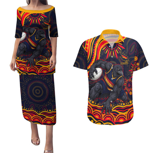 Personalized Adelaide Crows AFL Mascot Couples Matching Puletasi and Hawaiian Shirt Aboriginal Dot Art - Dreamtime Football Mascot
