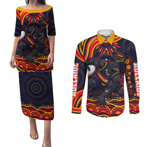 Personalized Adelaide Crows AFL Mascot Couples Matching Puletasi and Long Sleeve Button Shirt Aboriginal Dot Art - Dreamtime Football Mascot