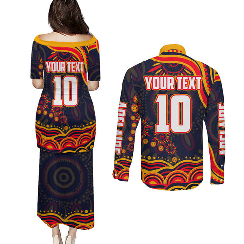 Personalized Adelaide Crows AFL Mascot Couples Matching Puletasi and Long Sleeve Button Shirt Aboriginal Dot Art - Dreamtime Football Mascot