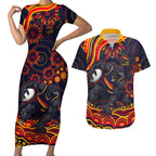 Personalized Adelaide Crows AFL Mascot Couples Matching Short Sleeve Bodycon Dress and Hawaiian Shirt Aboriginal Dot Art - Dreamtime Football Mascot