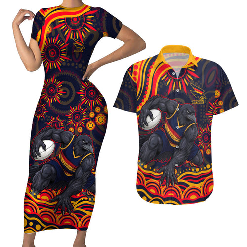 Personalized Adelaide Crows AFL Mascot Couples Matching Short Sleeve Bodycon Dress and Hawaiian Shirt Aboriginal Dot Art - Dreamtime Football Mascot