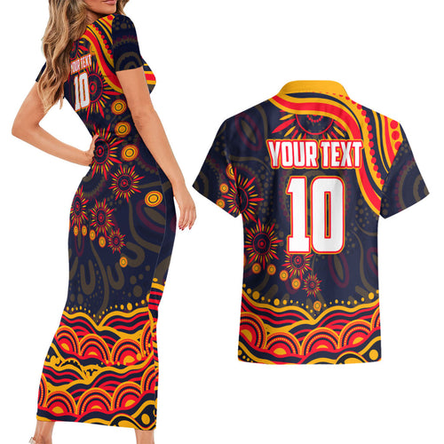 Personalized Adelaide Crows AFL Mascot Couples Matching Short Sleeve Bodycon Dress and Hawaiian Shirt Aboriginal Dot Art - Dreamtime Football Mascot