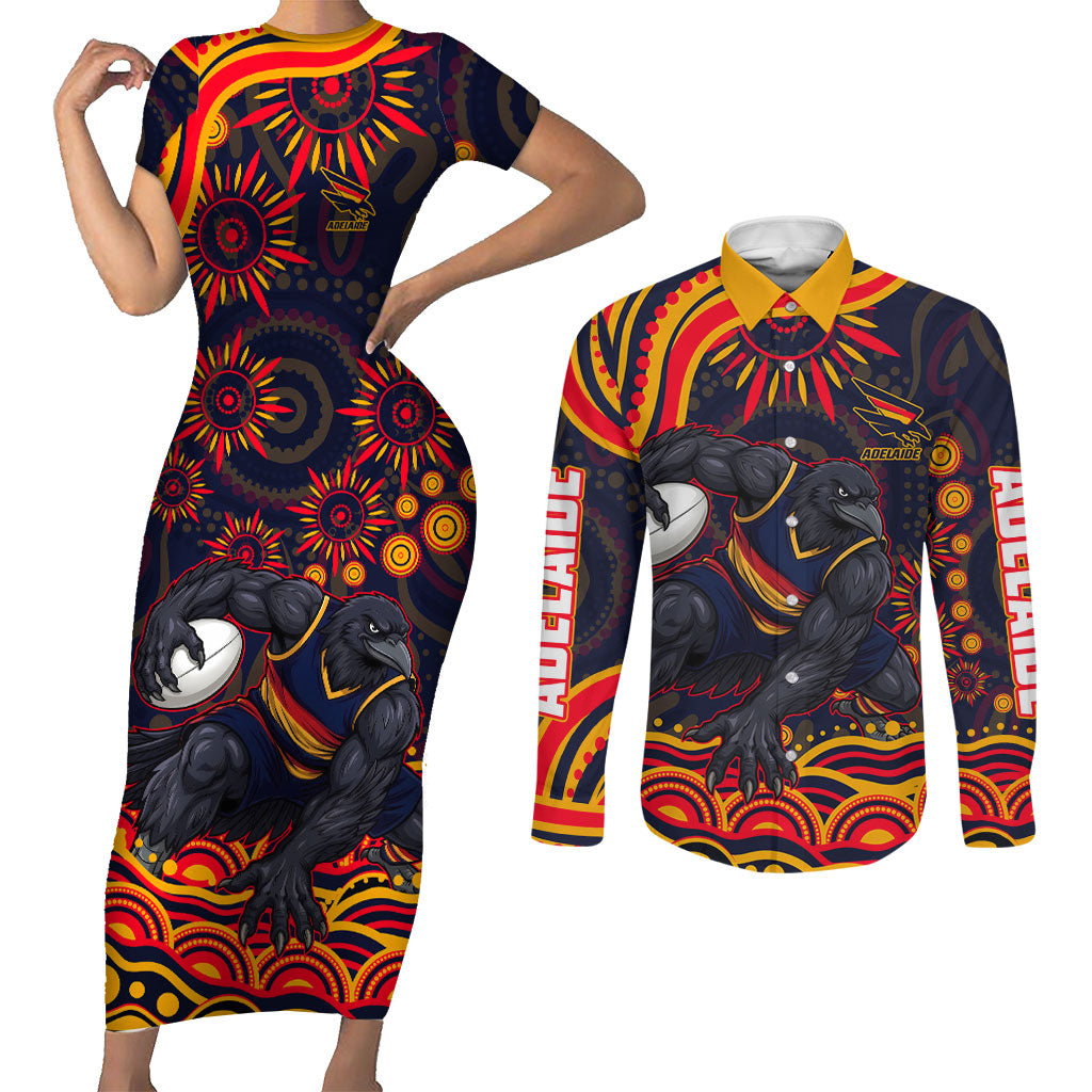Personalized Adelaide Crows AFL Mascot Couples Matching Short Sleeve Bodycon Dress and Long Sleeve Button Shirt Aboriginal Dot Art - Dreamtime Football Mascot