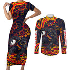 Personalized Adelaide Crows AFL Mascot Couples Matching Short Sleeve Bodycon Dress and Long Sleeve Button Shirt Aboriginal Dot Art - Dreamtime Football Mascot