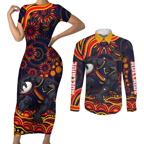 Personalized Adelaide Crows AFL Mascot Couples Matching Short Sleeve Bodycon Dress and Long Sleeve Button Shirt Aboriginal Dot Art - Dreamtime Football Mascot