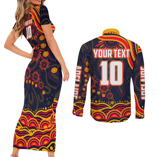 Personalized Adelaide Crows AFL Mascot Couples Matching Short Sleeve Bodycon Dress and Long Sleeve Button Shirt Aboriginal Dot Art - Dreamtime Football Mascot