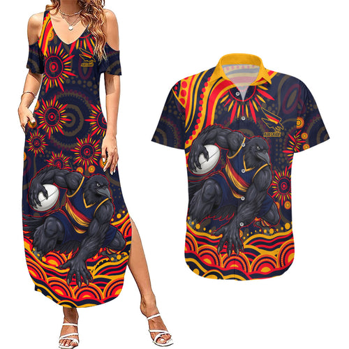 Personalized Adelaide Crows AFL Mascot Couples Matching Summer Maxi Dress and Hawaiian Shirt Aboriginal Dot Art - Dreamtime Football Mascot